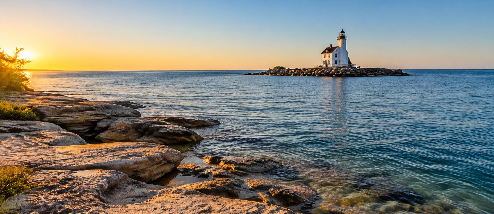 Lake Huron shoreline at Port Austin with lighthouse